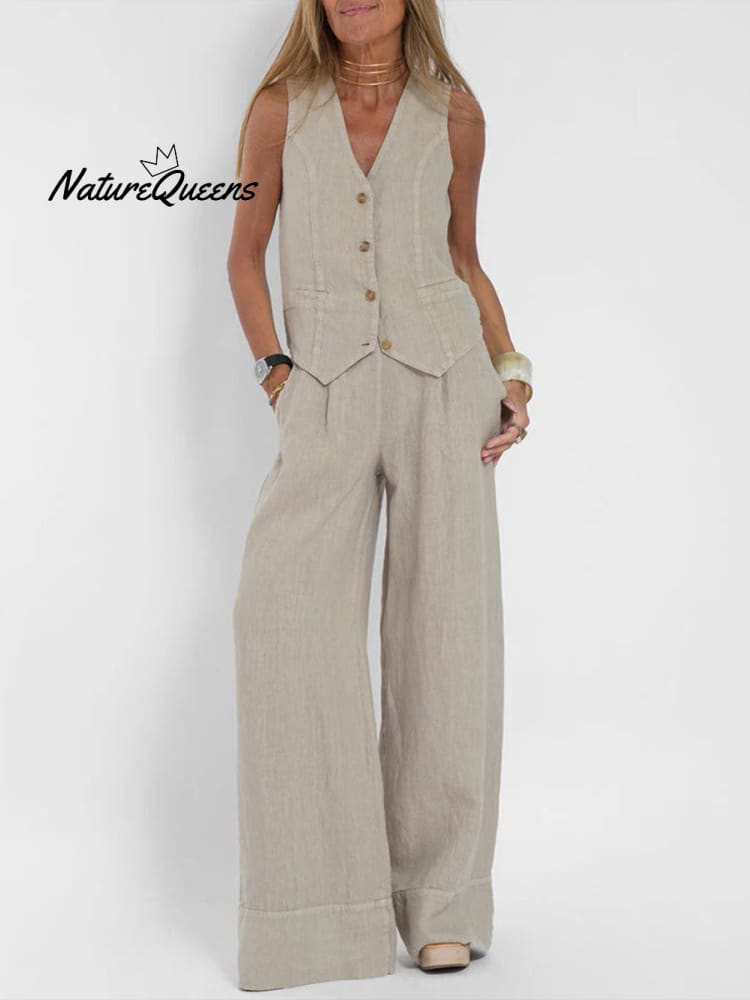 Women's Fashion Solid Color Vest Trousers Collage Stitching Cotton and Linen Casual Suit