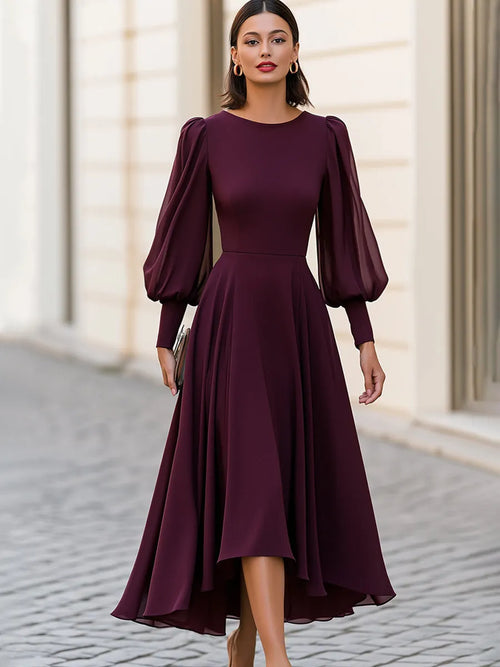 Bishop Sleeve High-Low A-Line Midi Dress