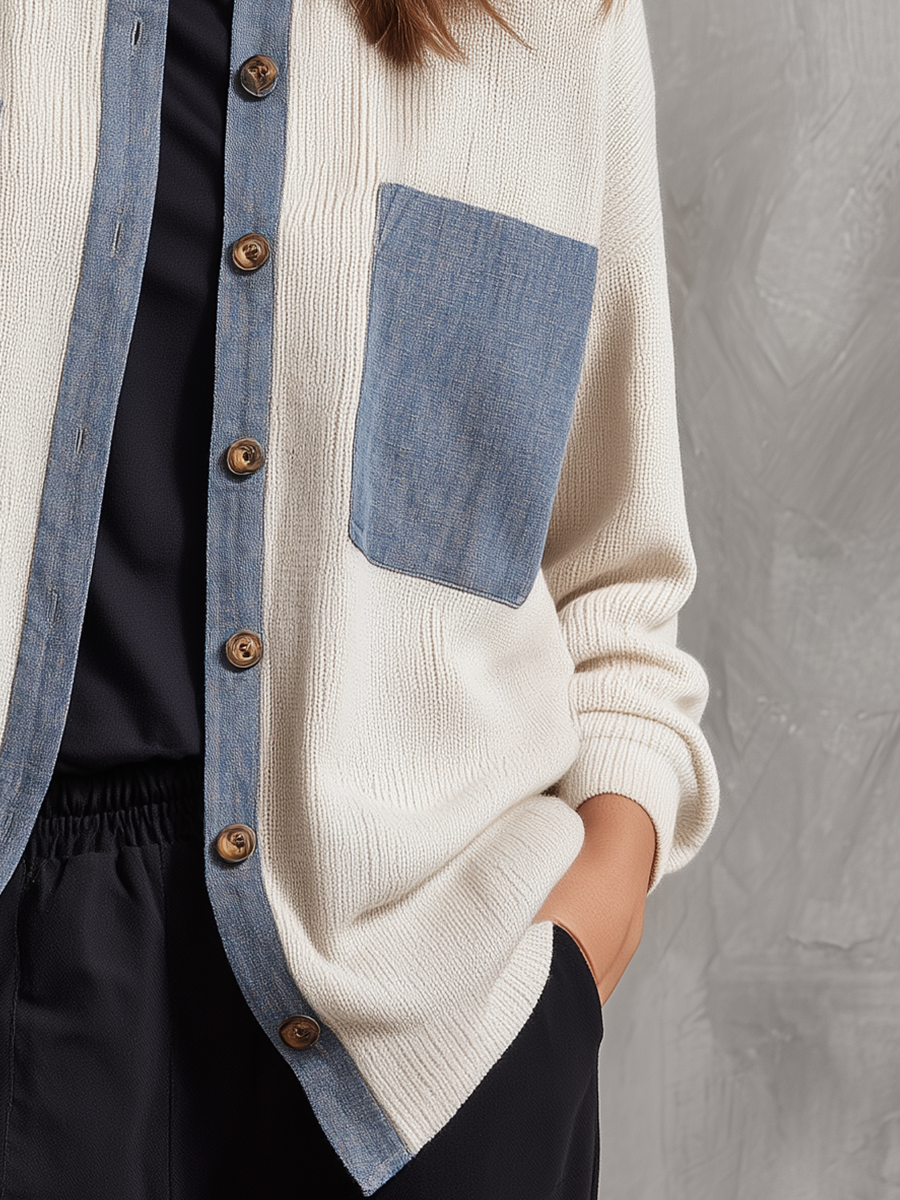 Classic Ivory Colorblock Knit Cardigan