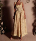 Pale Yellow Fringe Lace 2-in-1 Evening Gown, Sheer Beaded Formal Dress with 2 Silhouette Options: Square Neck A-Line / High Neck Halter Mermaid