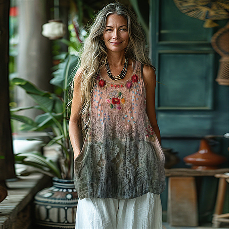 Vintage Floral Print Linen Blend Sleeveless Tank Top