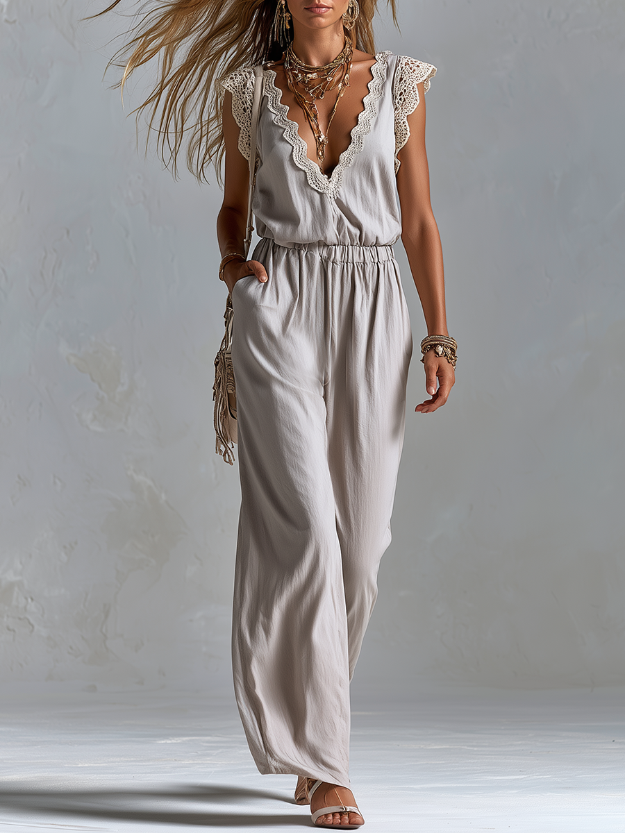 Bohemian Gray Lace Trimmed Jumpsuit