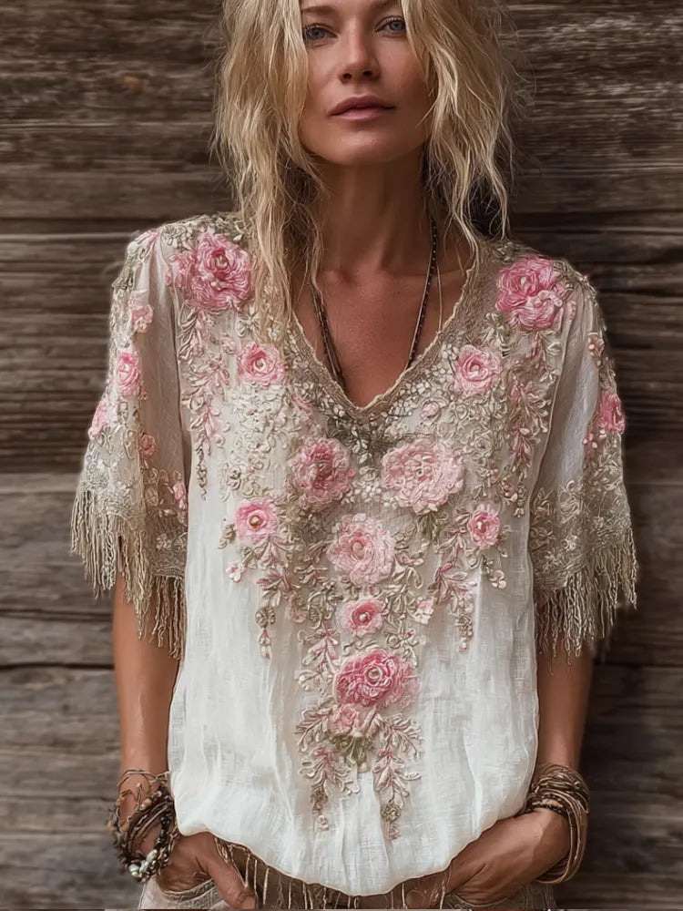 Women's Rose Flower V-neck Vintage Linen Short-sleeve Shirt