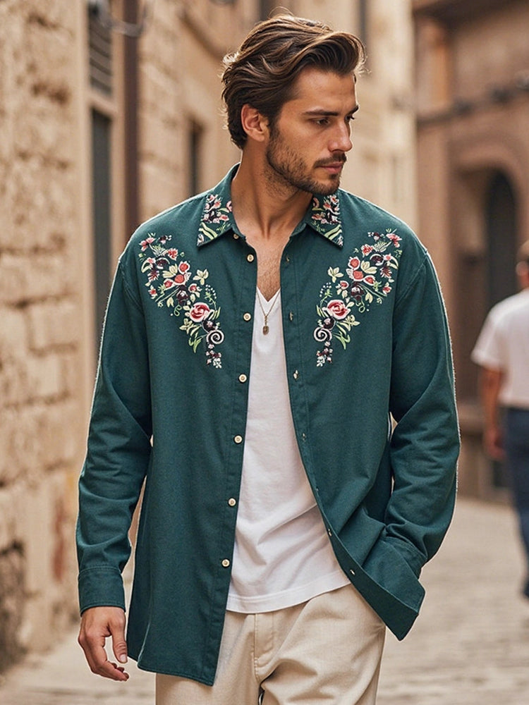 Men's Bohemian Embroidered Linen Long Sleeve Shirt
