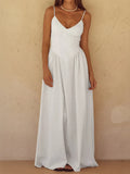 Split-Joint Solid Color Pockets Pleated Backless Sleeveless High Waisted Spaghetti-Neck Midi Dresses