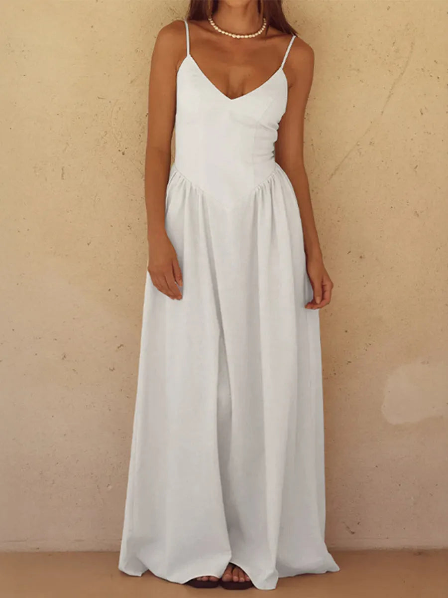 Split-Joint Solid Color Pockets Pleated Backless Sleeveless High Waisted Spaghetti-Neck Midi Dresses