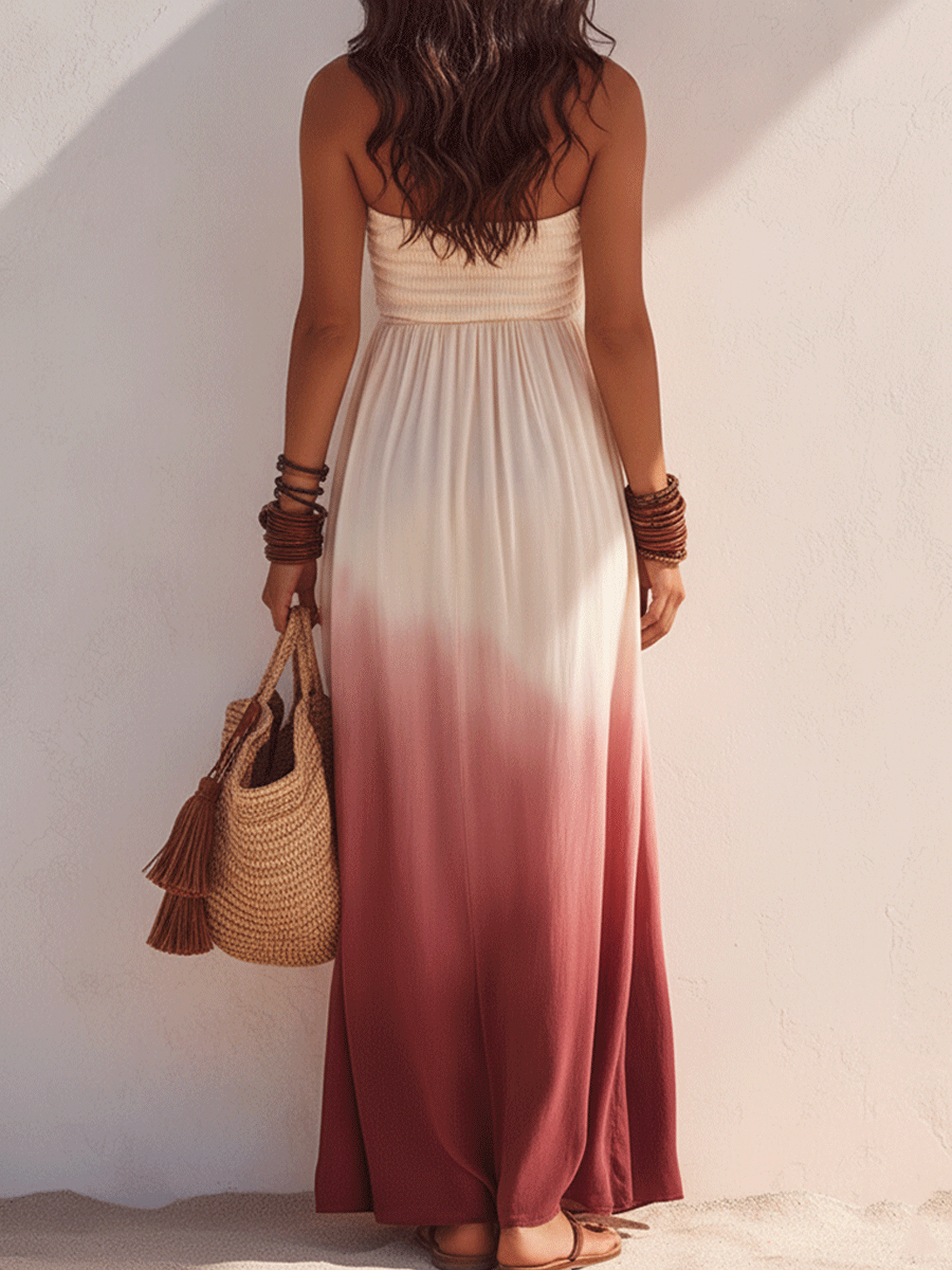 Effortless Boho Strapless Ombre Smocked Flowy Maxi Dress