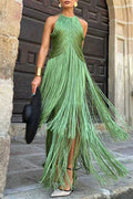 Green Halter Fringe Midi Dress