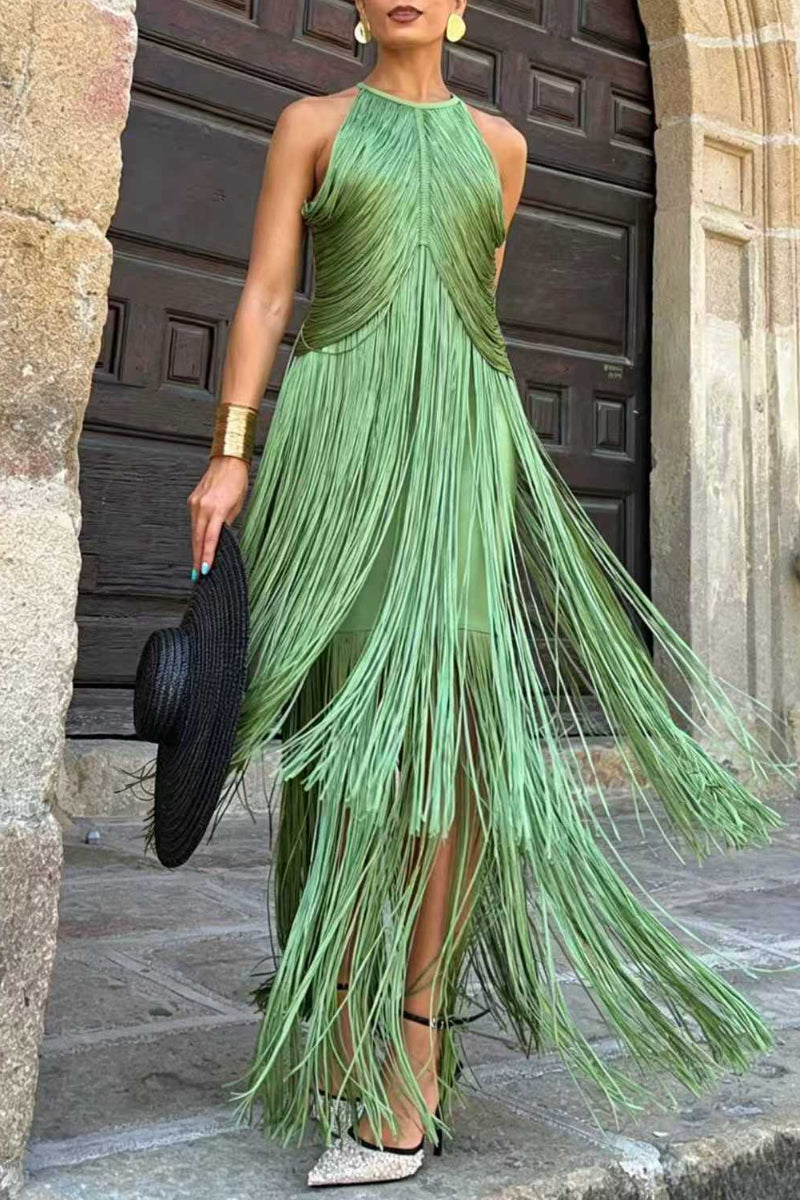 Green Halter Fringe Midi Dress