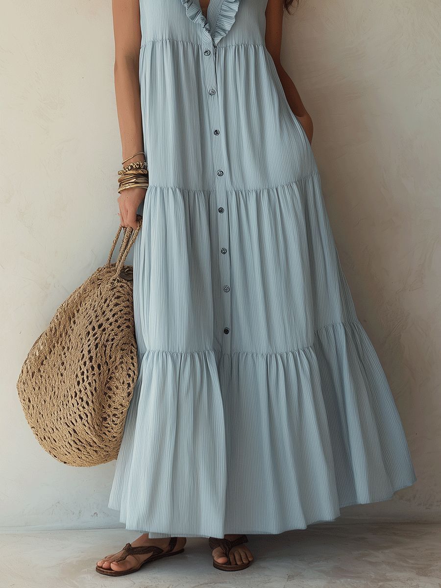 Effortless Boho Cotton-Linen Ruffle-V-Neck Tiered Dusty Blue Maxi Dress