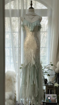 White Mint Green Romantic Fashion Elegant Delicate Beaded Lace Spaetti Straps Long Tulle Chiffon Ruffle Ball Gown Evening Gown Party Dress 4056