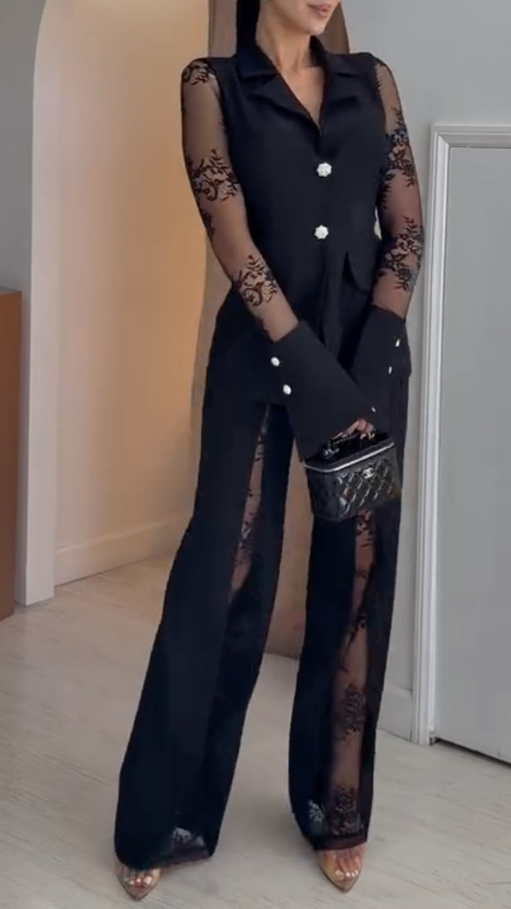 Lace‑Insert Blazer & Cutout Wide Leg Pants Co‑Ord Set