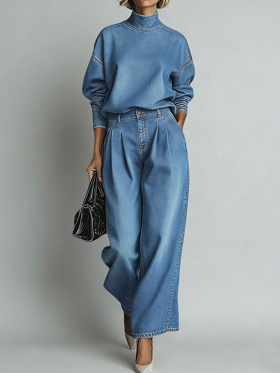 Women's Stand-collar Long-sleeved Casual Loose Denim Top And High-waisted Casual Loose Wide-leg Denim Pants Set.