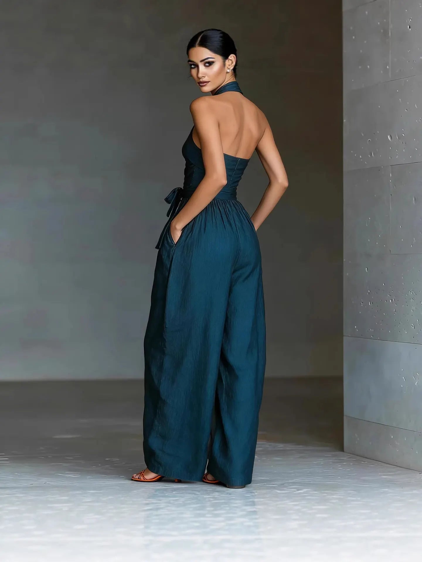 Women's Elegant Cross Halter Jumpsuit - Wide-Leg Backless Tie-Waist Romper for Summer & Vacation