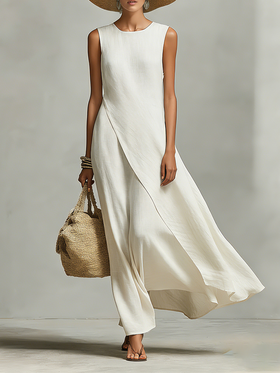 Women's Ivory Breathable Linen Dress With Sleeveless Detail & Asymmetric Hem, Contemporary Casual-Feminine Style Dress