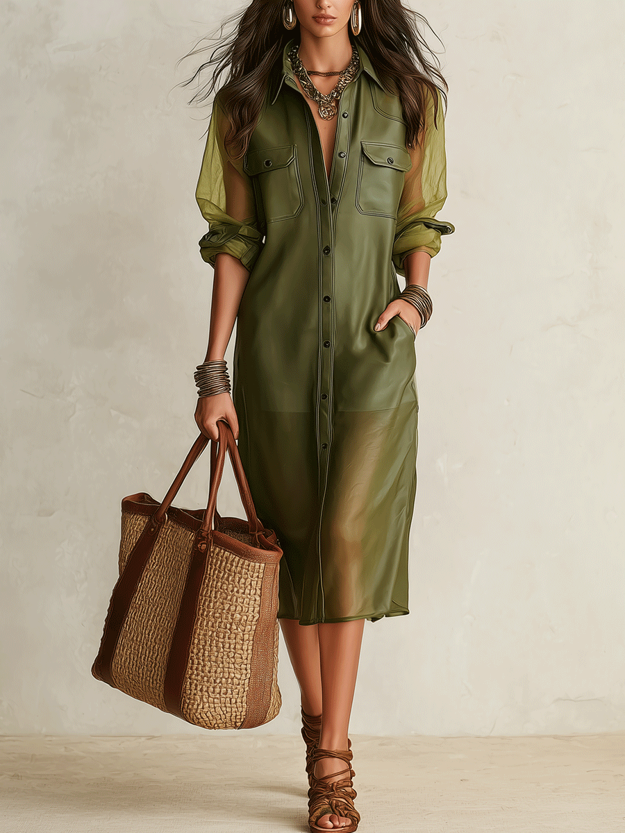 Sheer Olive Long-Sleeve Button-Front Shirt Midi Dress