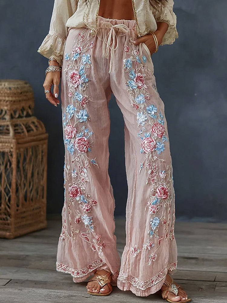 Women's Spring Floral Embroidered Art Print Flowy Linen Blend Casual Pants