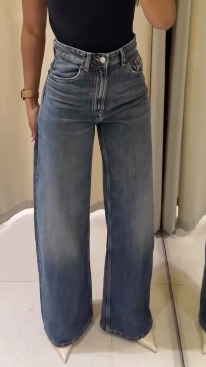 Dark Blue Vintage Wash Wide-Leg Jeans