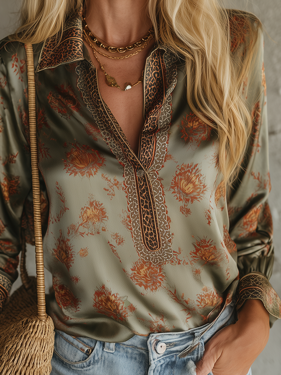 Vintage Chic Floral Print Deep V Satin Shirt Top