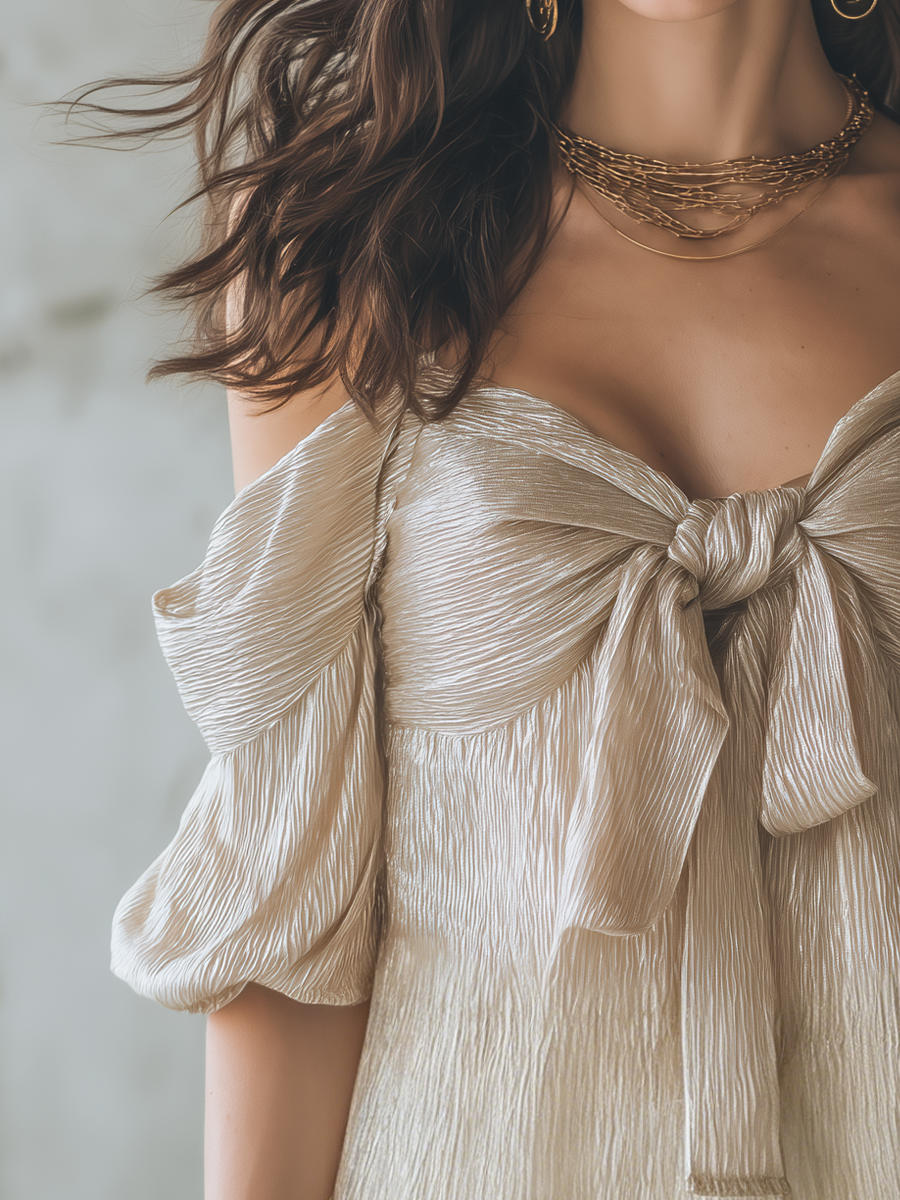Elegant Champagne Bow Front Off Shoulder Blouse