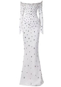 Long Sleeve Bardot Crystal Maxi Dress White
