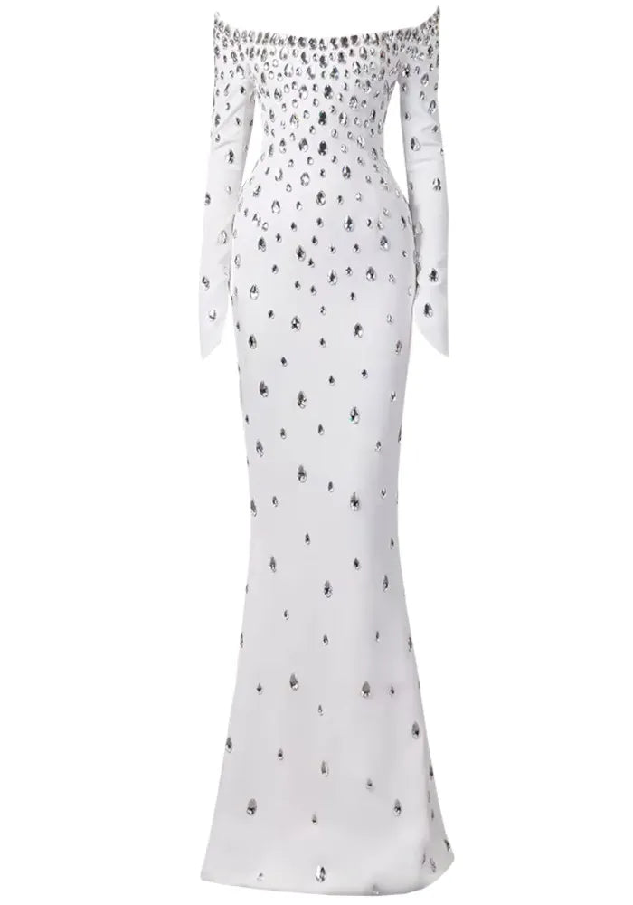 Long Sleeve Bardot Crystal Maxi Dress White