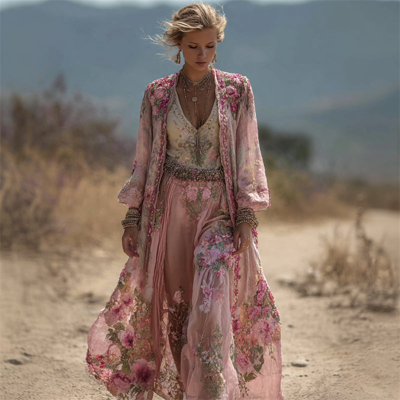 Vintage Boho Pink Floral Flowy Long Linen Cardigan