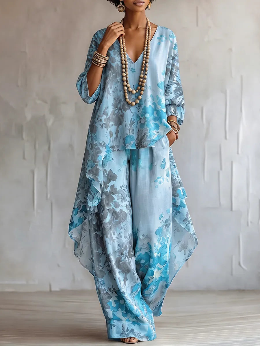 Retro Artistic Watercolor Floral Print Two-piece Set