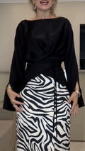 Black Satin Blouse with Zebra Print Maxi Skirt Set