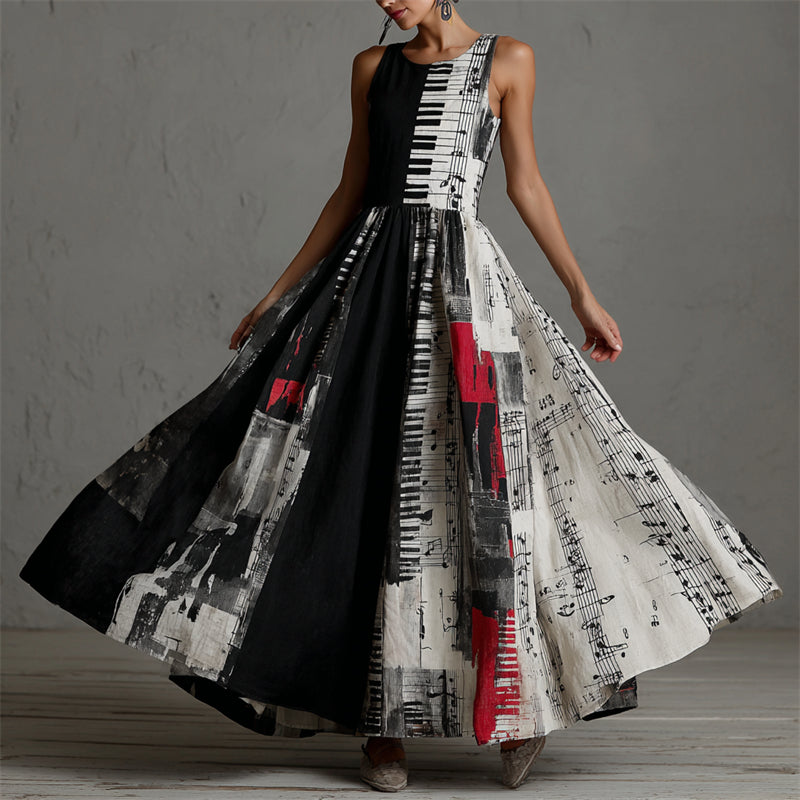Music Notes Piano Keys Contrast Colorblock Linen Maxi Dress 43c1