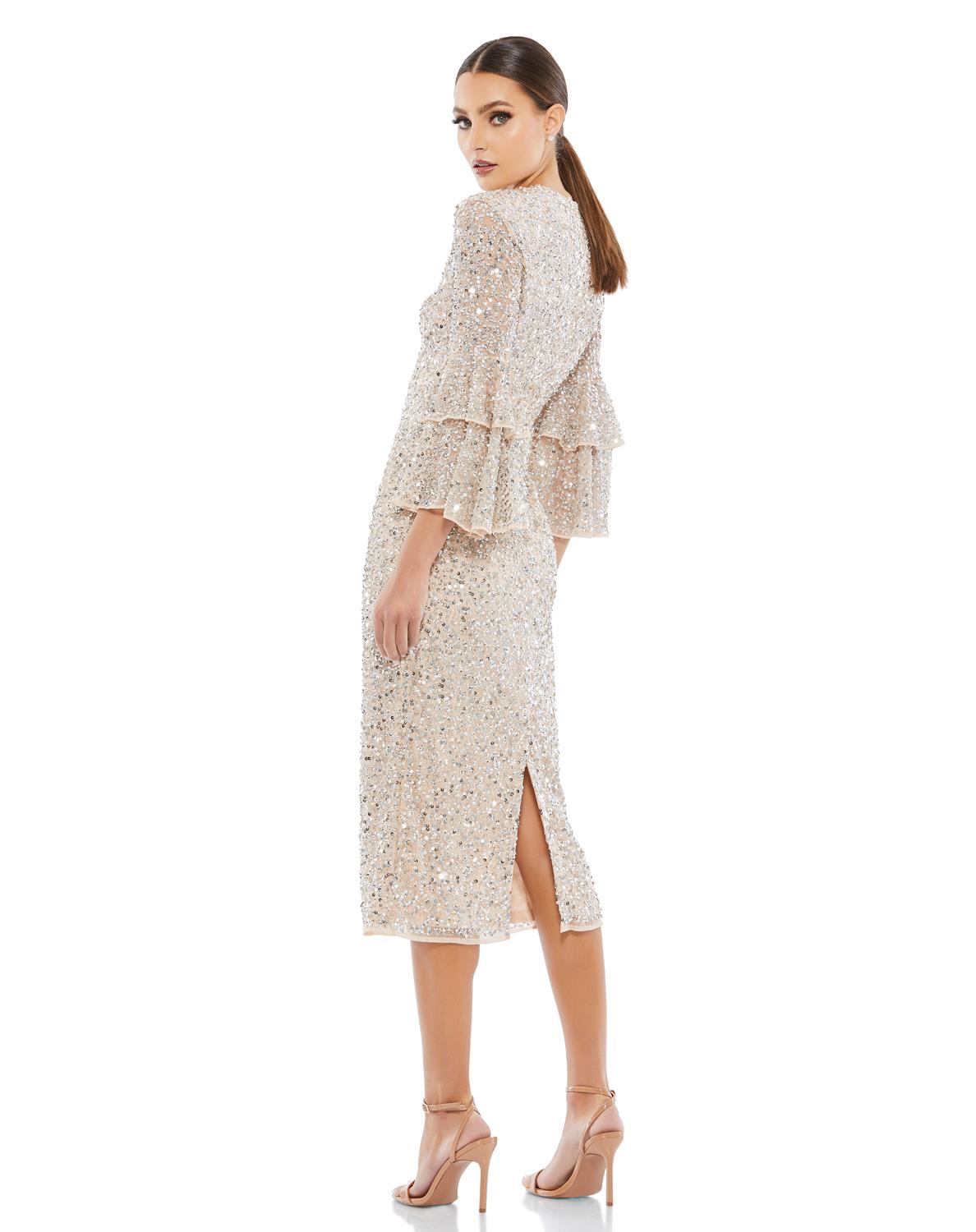 Fully Sequined Ruffle Tiered 3/4 Sleeve Midi Dress