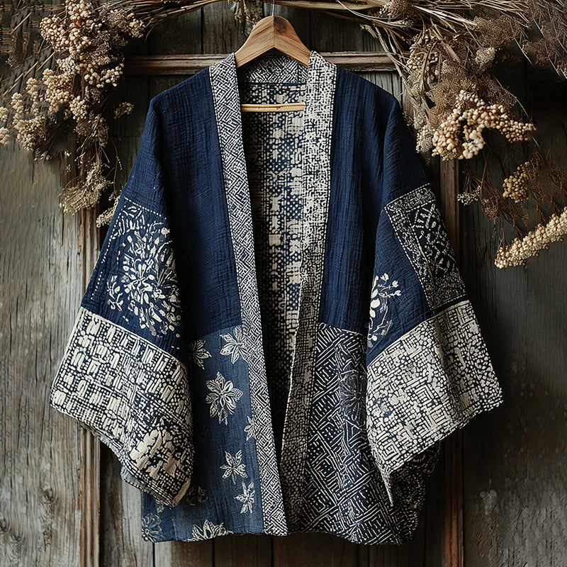Retro Japanese Traditional Sashiko With Sakura Art Print Cotton And Linen Blend Kimono Cardigan