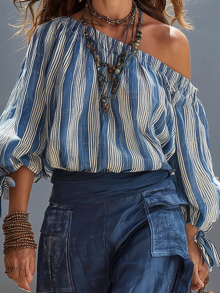 Boho Indigo Stripe Off Shoulder Blouse