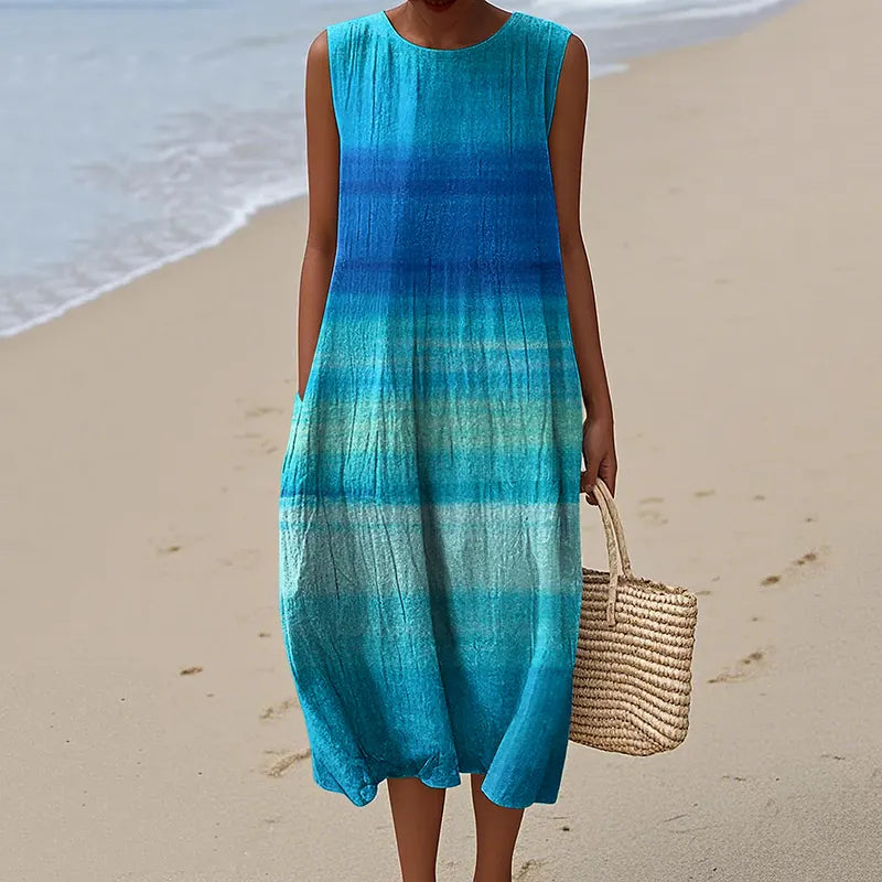 Women's Vintage Blue Gradient Art Print Casual Crew Neck Dress