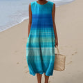 Women's Vintage Blue Gradient Art Print Casual Crew Neck Dress