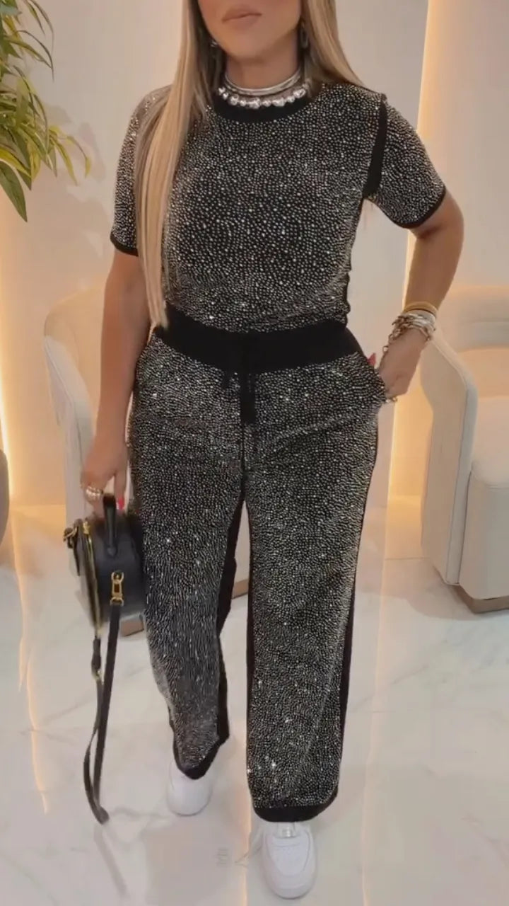 Black Rhinestone Embellished Drawstring Waist Pants Set