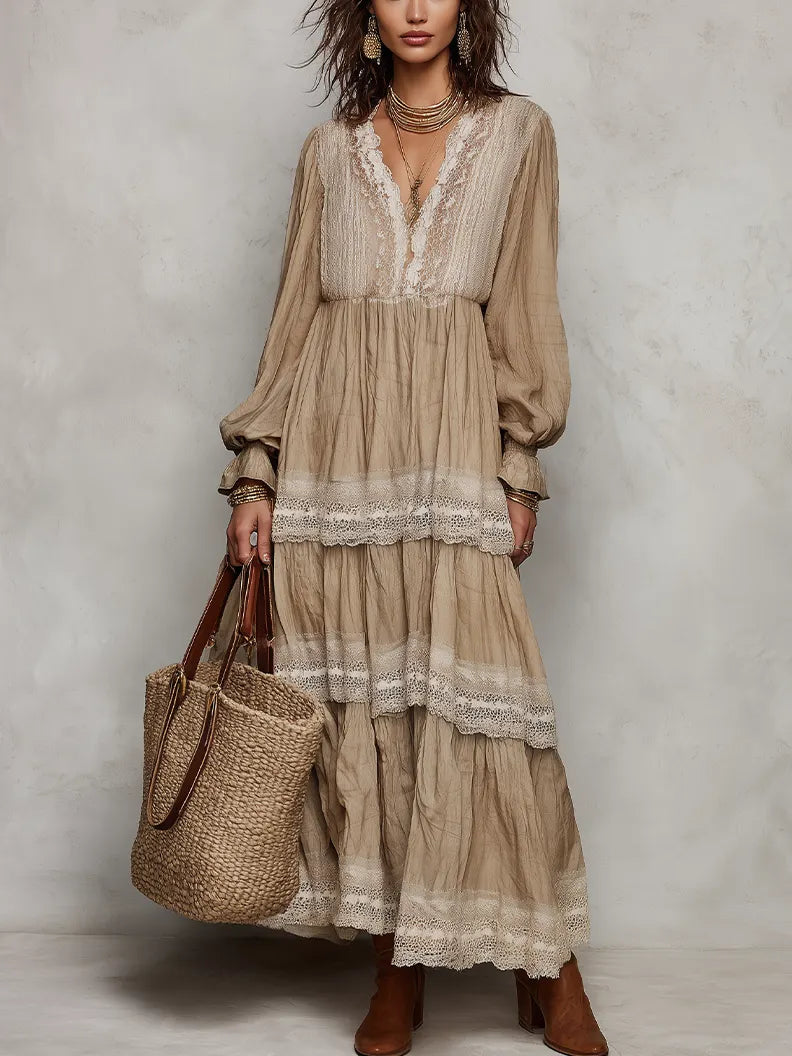 Romantic Sand Lace Trim Tiered Maxi Dress