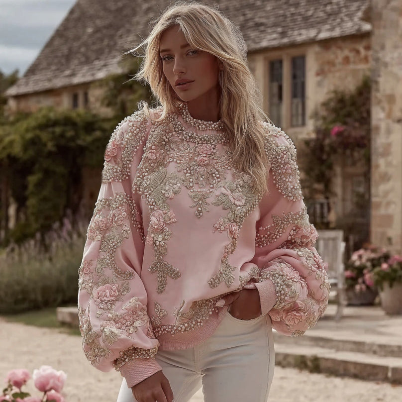 Women's Pink Floral Embroidery Art Crew Neck Casual Sweatshirt