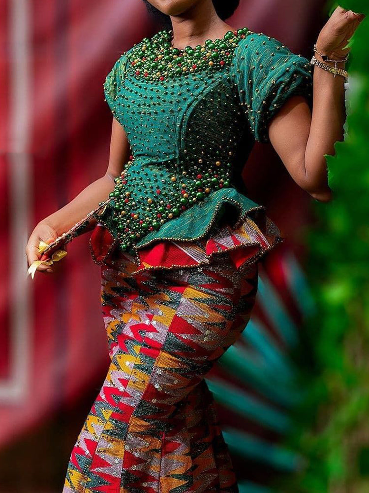 Floral Printed Contrast Color Beaded Split-Joint Empire Maxi Dress