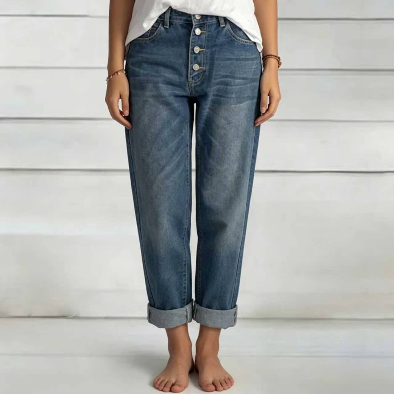 High-Waisted Button-Fly Boyfriend Jeans