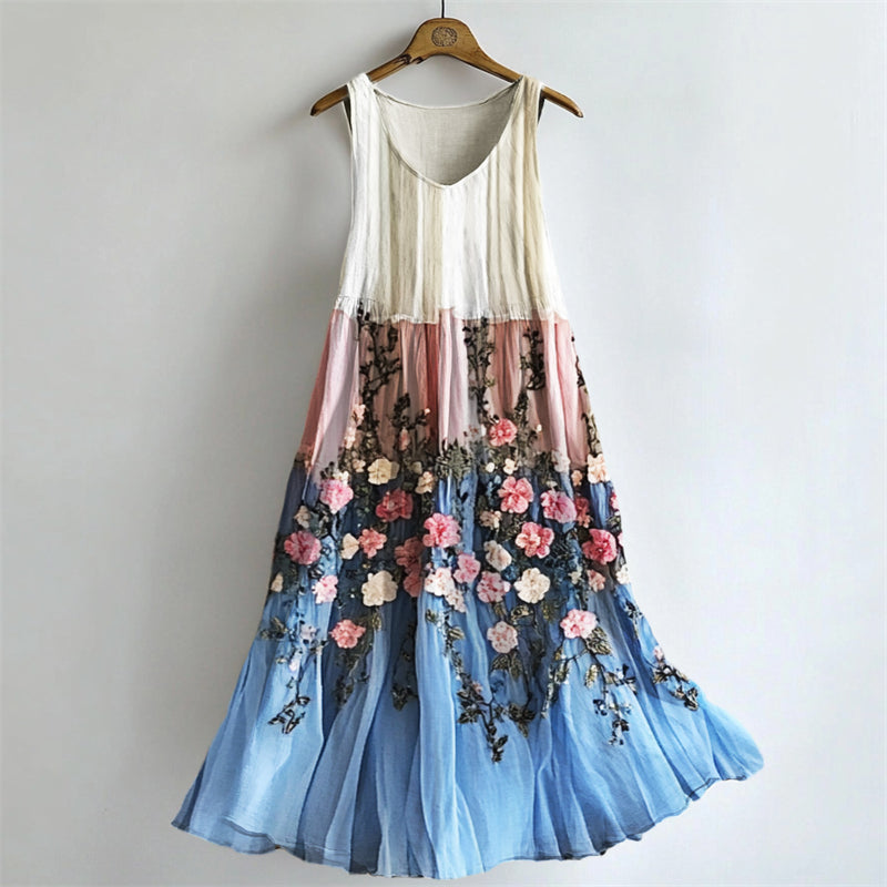 Floral Embroidered Transgender Colorblock Flowy Tank Dress