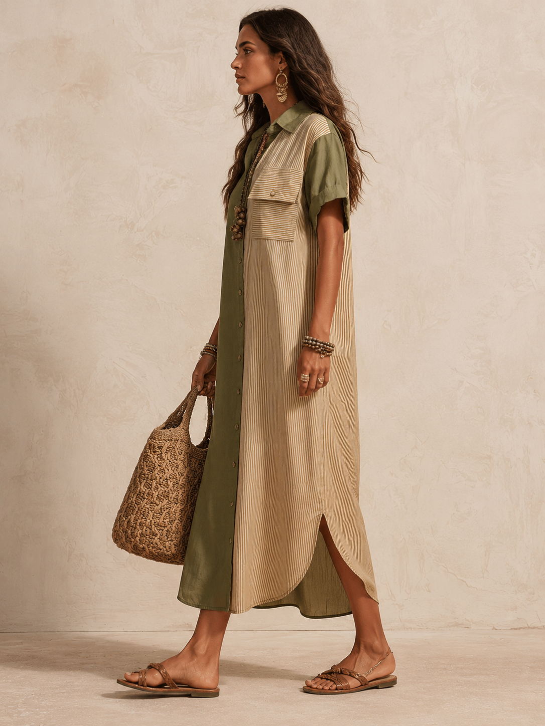 Effortless Coastal Elegance Olive & Sand Patchwork Button-Front Maxi Dress