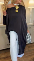Black Satin Off-Shoulder Asymmetrical Tunic Top