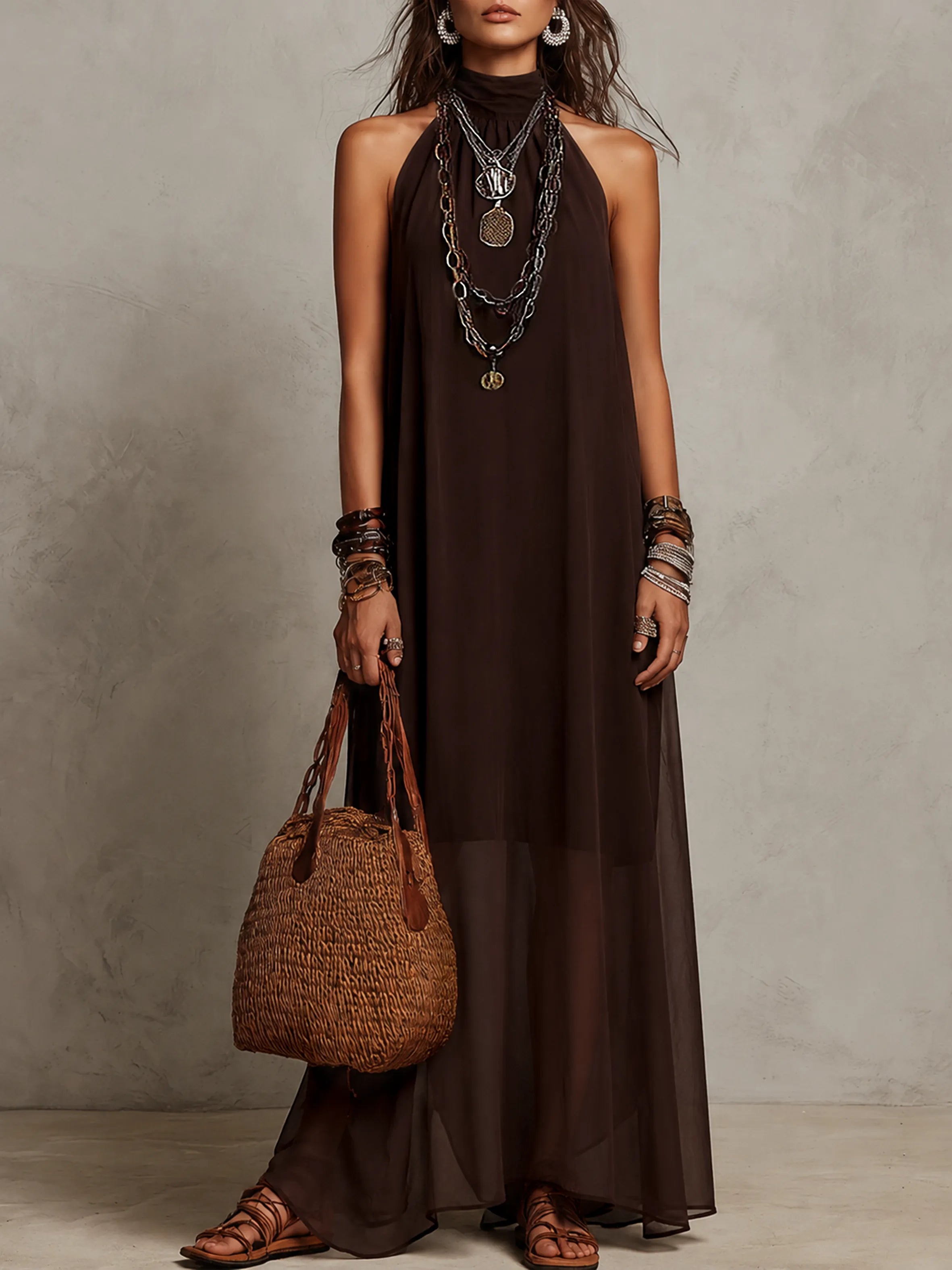 Dark Brown Halter Neck Minimalist Long Dress