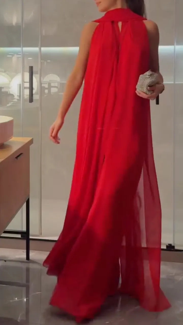 Halter-Neck Chiffon Jumpsuit + Matching Flowy Long Shawl Set