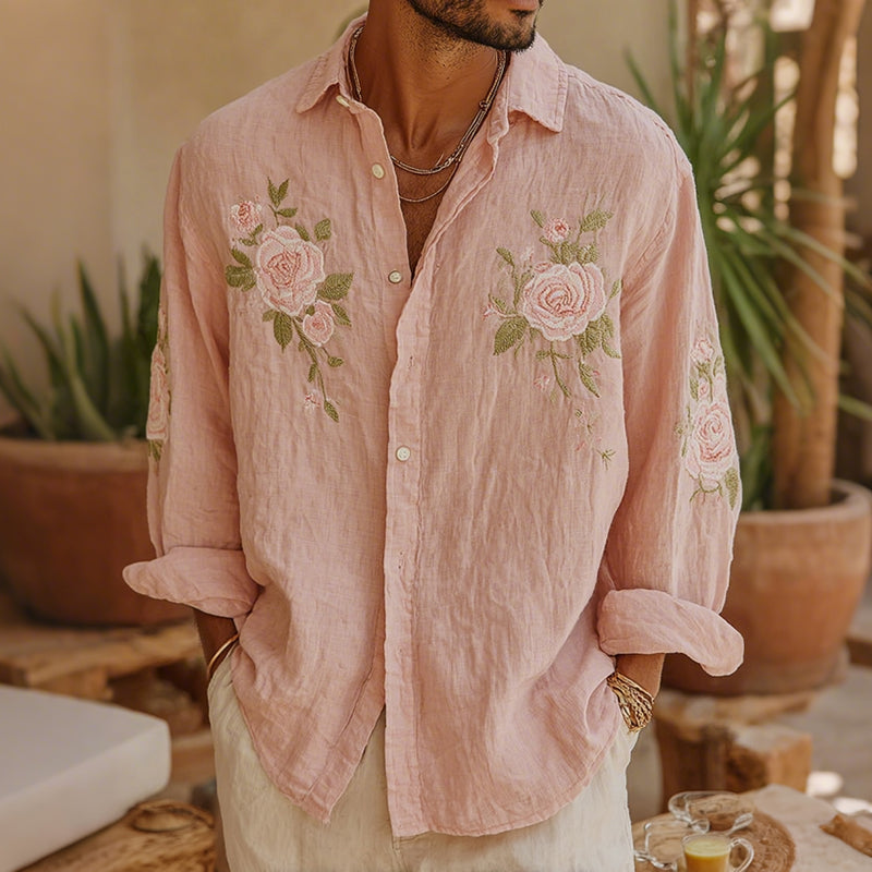 Men's Vintage Rose Floral Art Print Long Sleeve Shirt