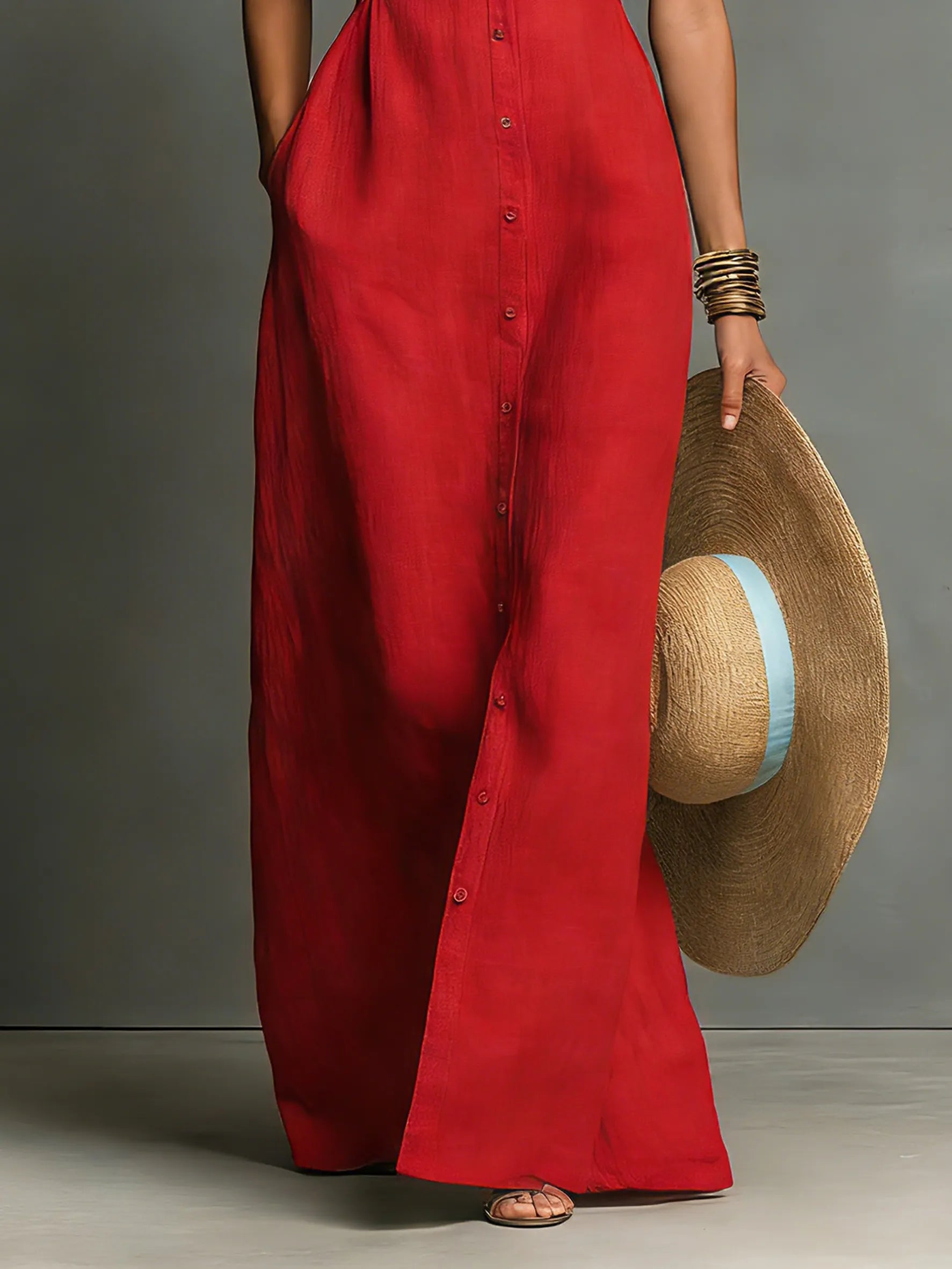 Women's Minimalist Linen-Blend Collared Single-Breasted Sleeveless Maxi Shirt Dress