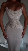 Opulent Silver Strapless Sequin Mermaid Maxi Dress with Intricate Crystal Floral Appliques
