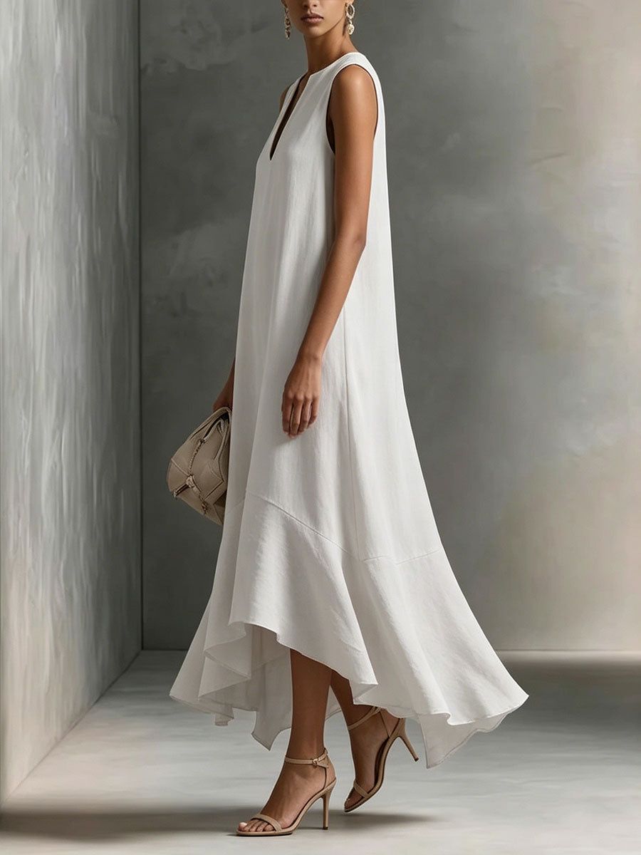 Women's Cotton-linen Deep V-neck And Asymmetrical Hem Elegant Slimming Sleeveless Dress