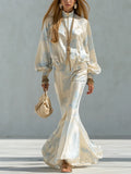 French-style Elegant Cream White And Blue Printed Satin Suit